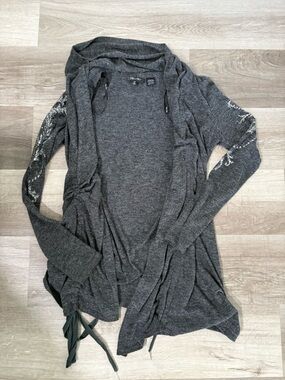 Miss Me Express Cozy Open-Front Hooded Cardigan Sweater - Charcoal Gray